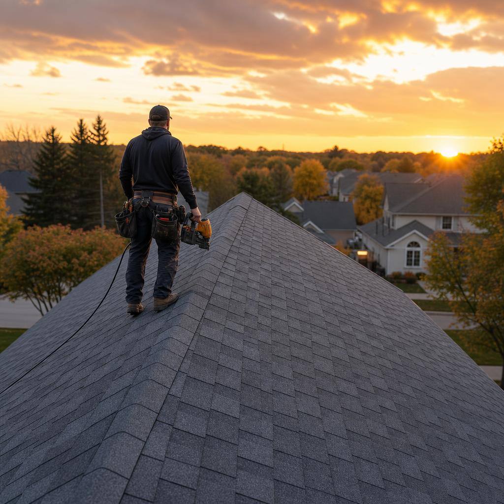 Salt & Light roofers carefully installing shingles at golden hour
