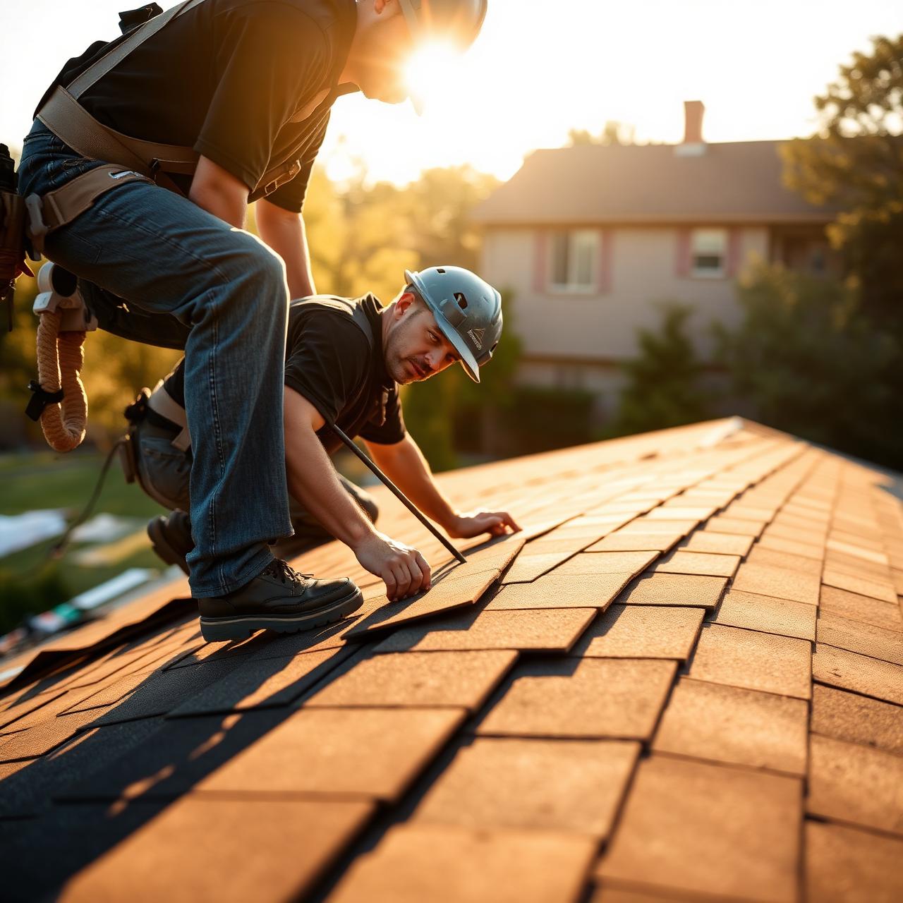 Salt & Light roofers carefully installing shingles at golden hour