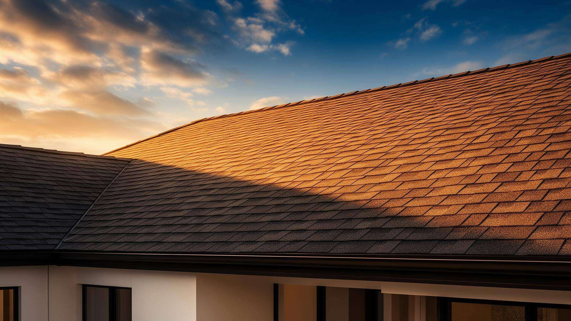 Newly installed asphalt shingle roof glowing in golden sunset light